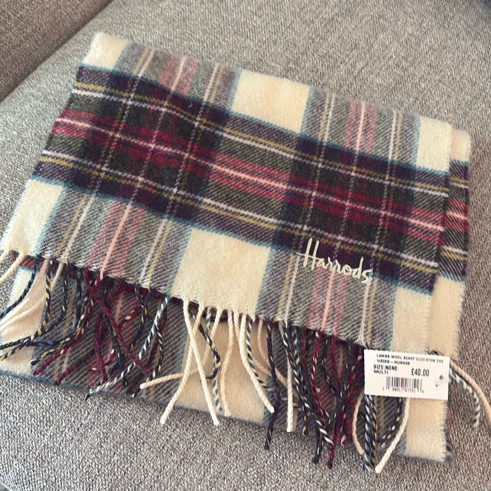 Harrods Tartan Wool Scarf - Cream, Red, Blue